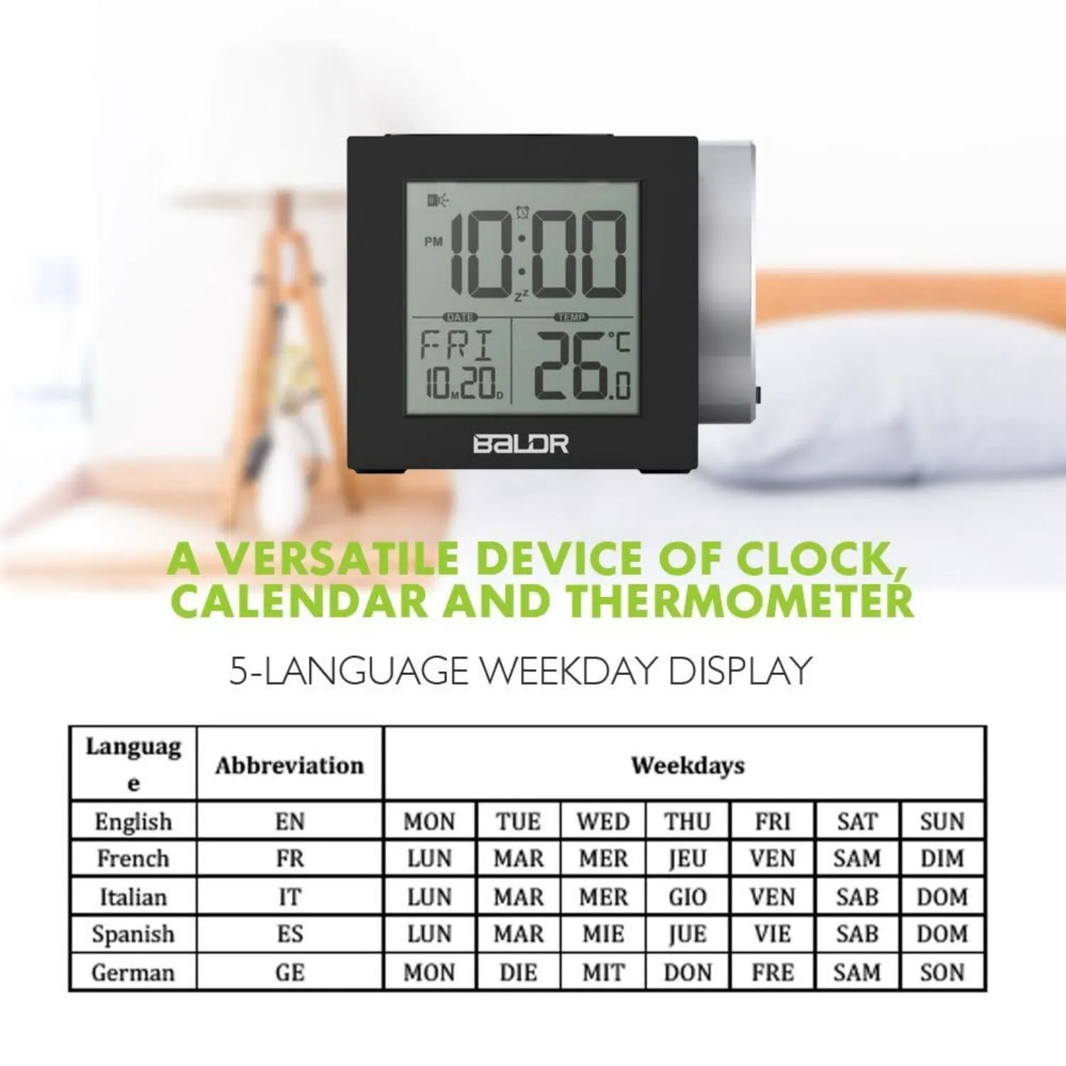 BALDR Projection Alarm Clock with 7 Colorful Backlit