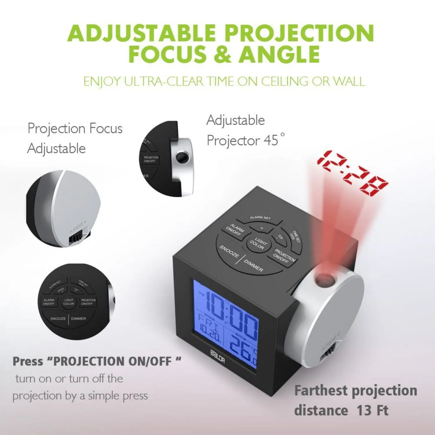 BALDR Projection Alarm Clock with 7 Colorful Backlit