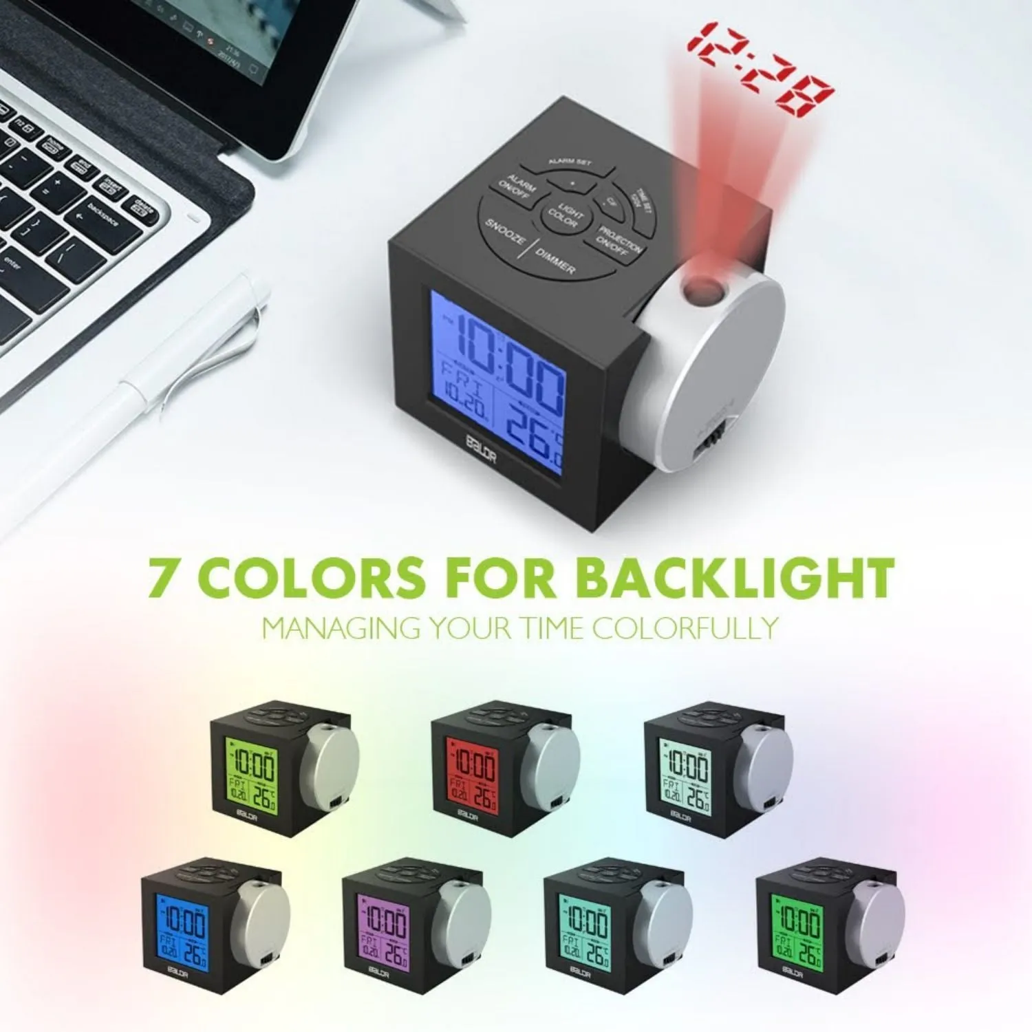 BALDR Projection Alarm Clock with 7 Colorful Backlit