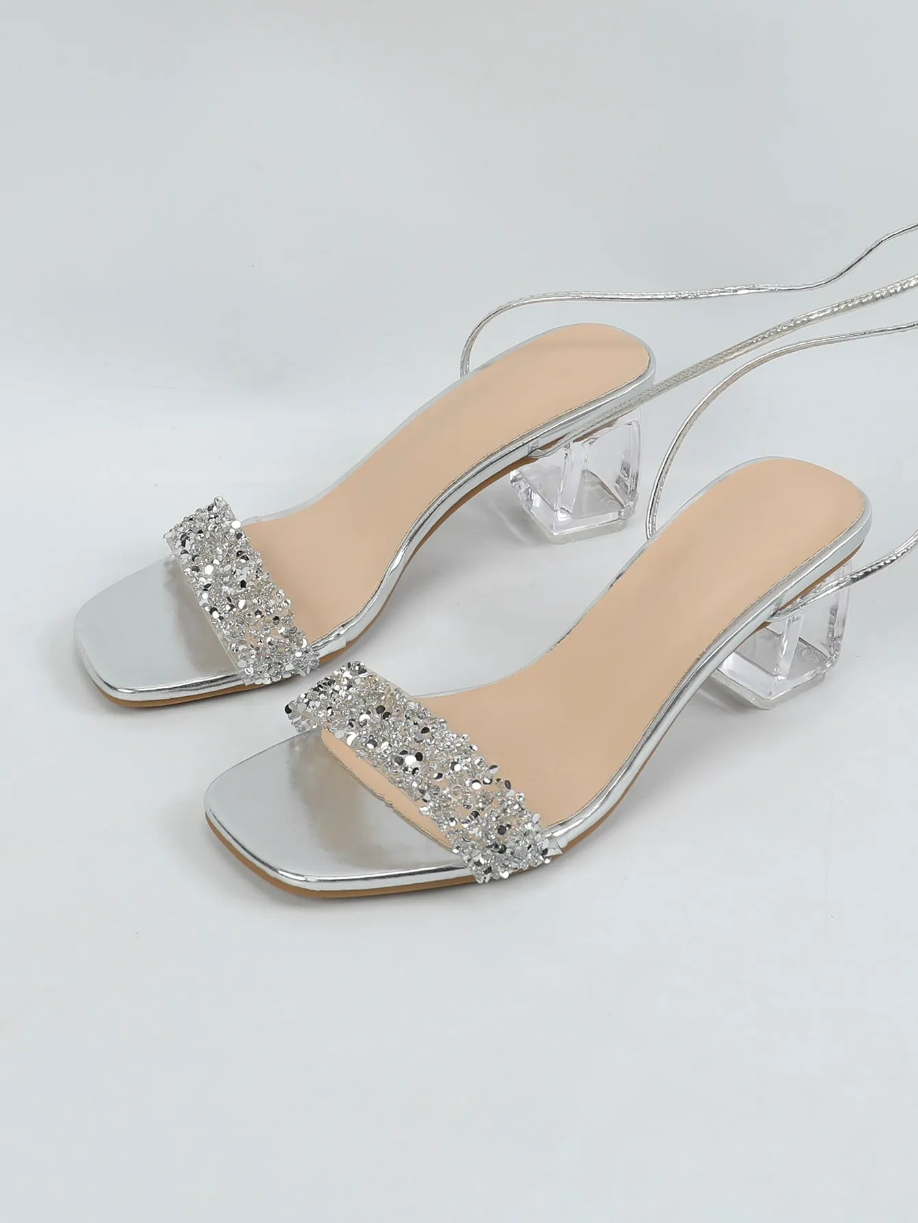 Chunky Heel Crystal Transparent Sandals Fairy Style Trendy Silver Outdoor Sandals