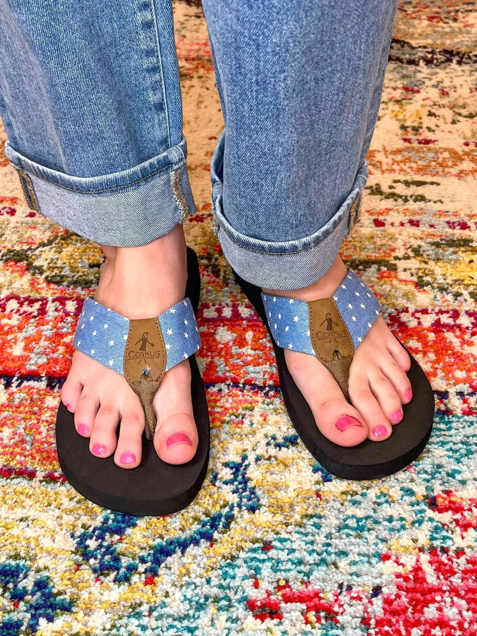 Corky's Footwear Summer Break Flip Flops - Blue Denim Stars