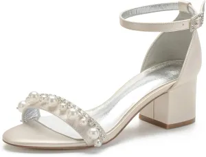 Hyinlays Women's Open Toe Low Block Pumps Shoes Ankle Strap Chunky Heels with Pearls Satin Wedding Sandals Prom Party Dress Shoes