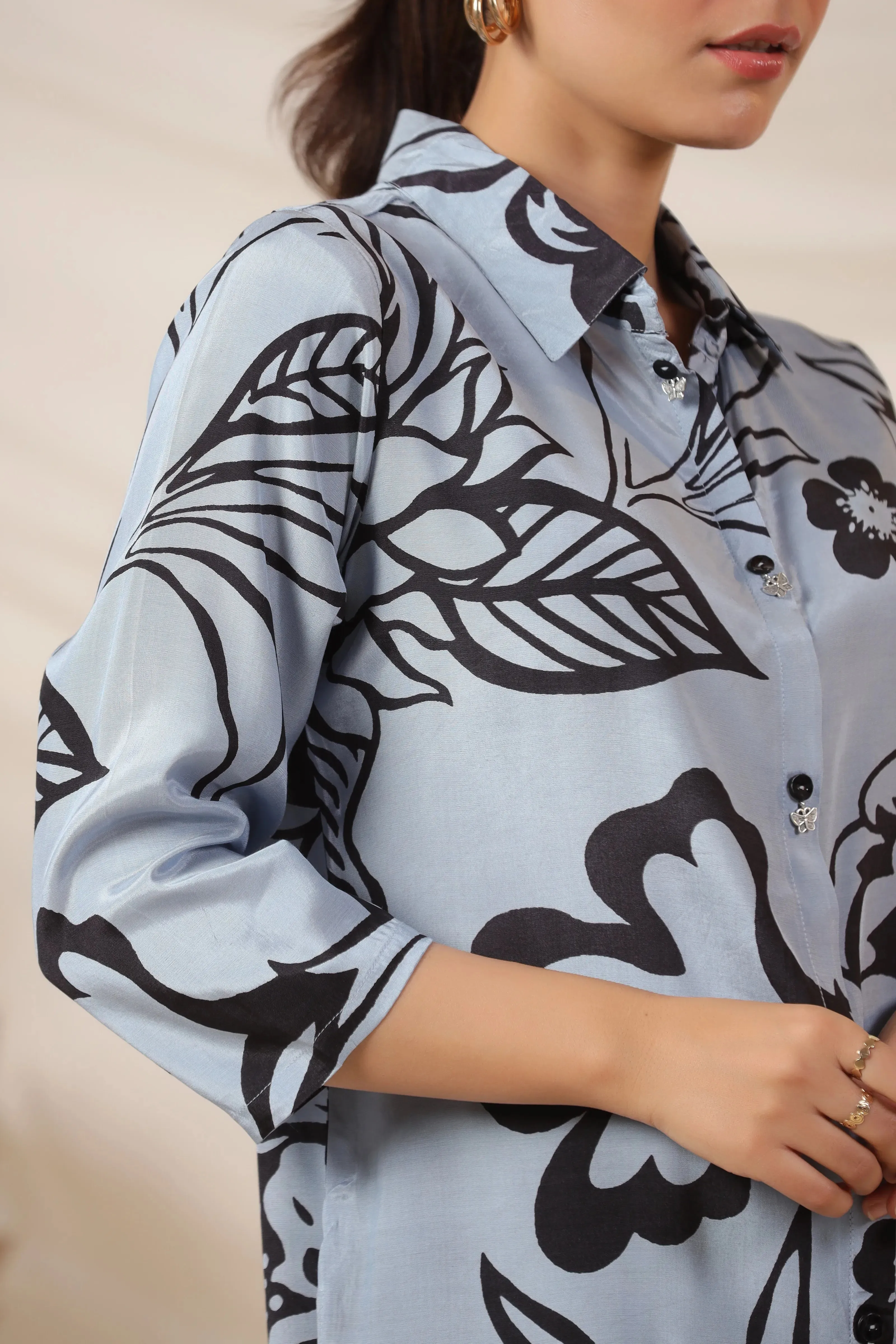 Iceberg Blue Bold Floral Shirt Top in Russian Silk