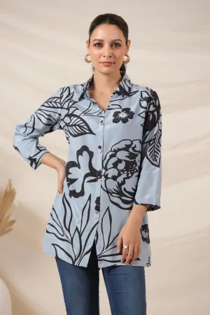 Iceberg Blue Bold Floral Shirt Top in Russian Silk