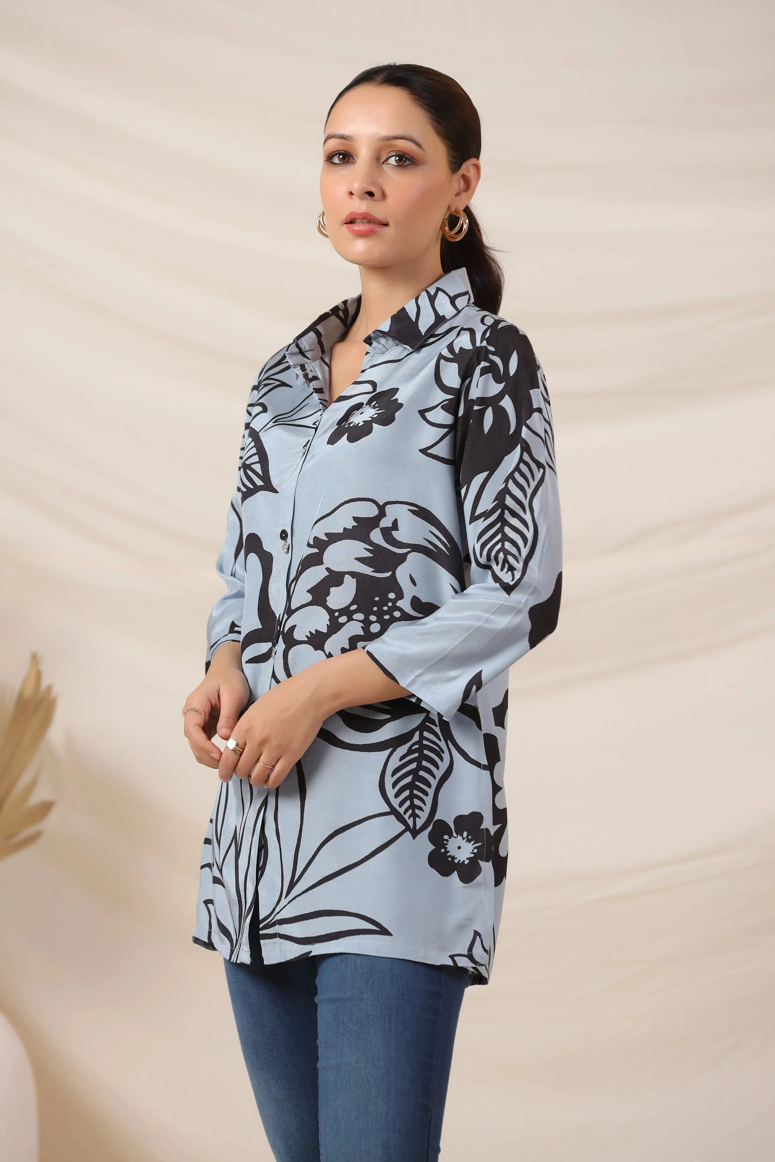 Iceberg Blue Bold Floral Shirt Top in Russian Silk