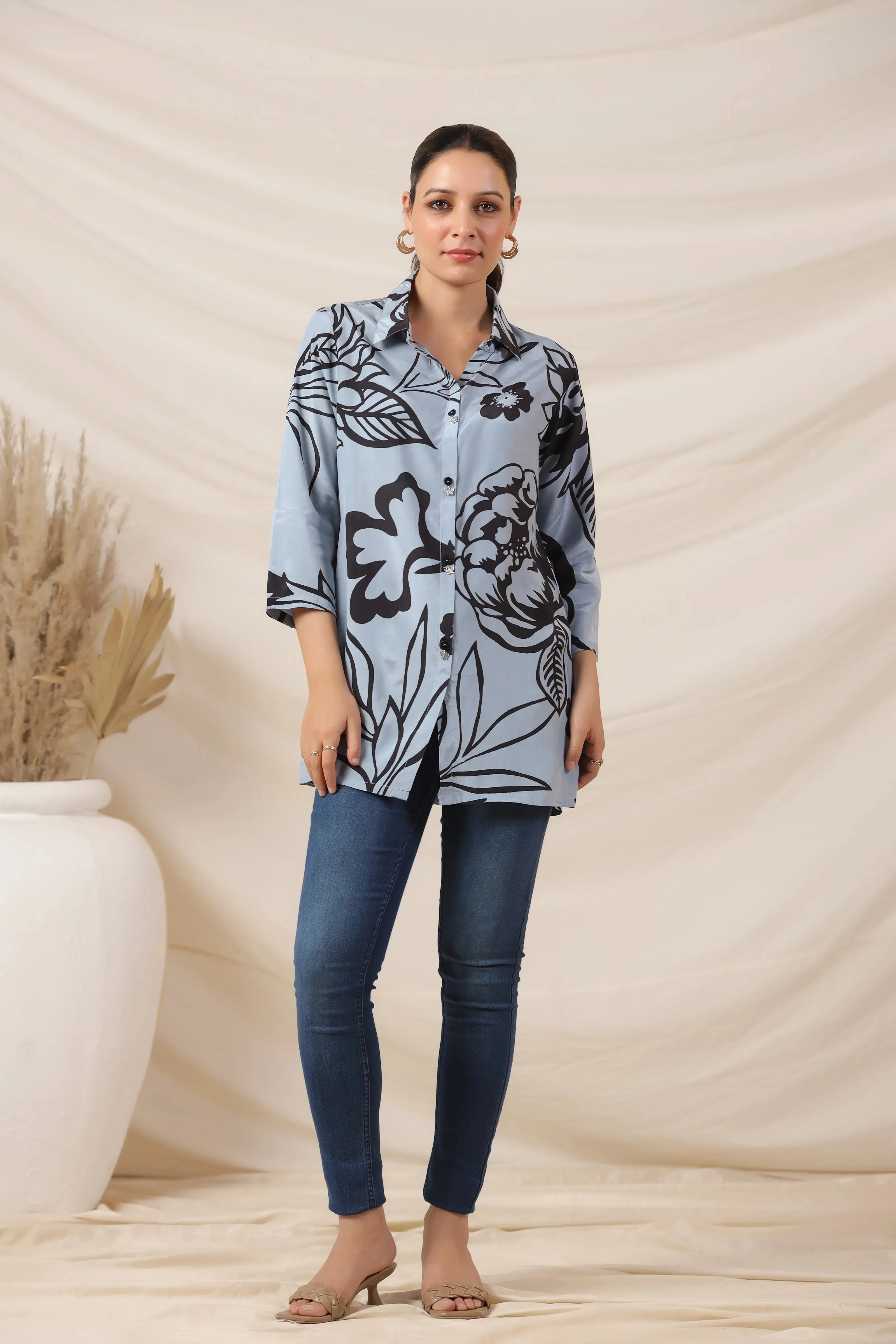Iceberg Blue Bold Floral Shirt Top in Russian Silk