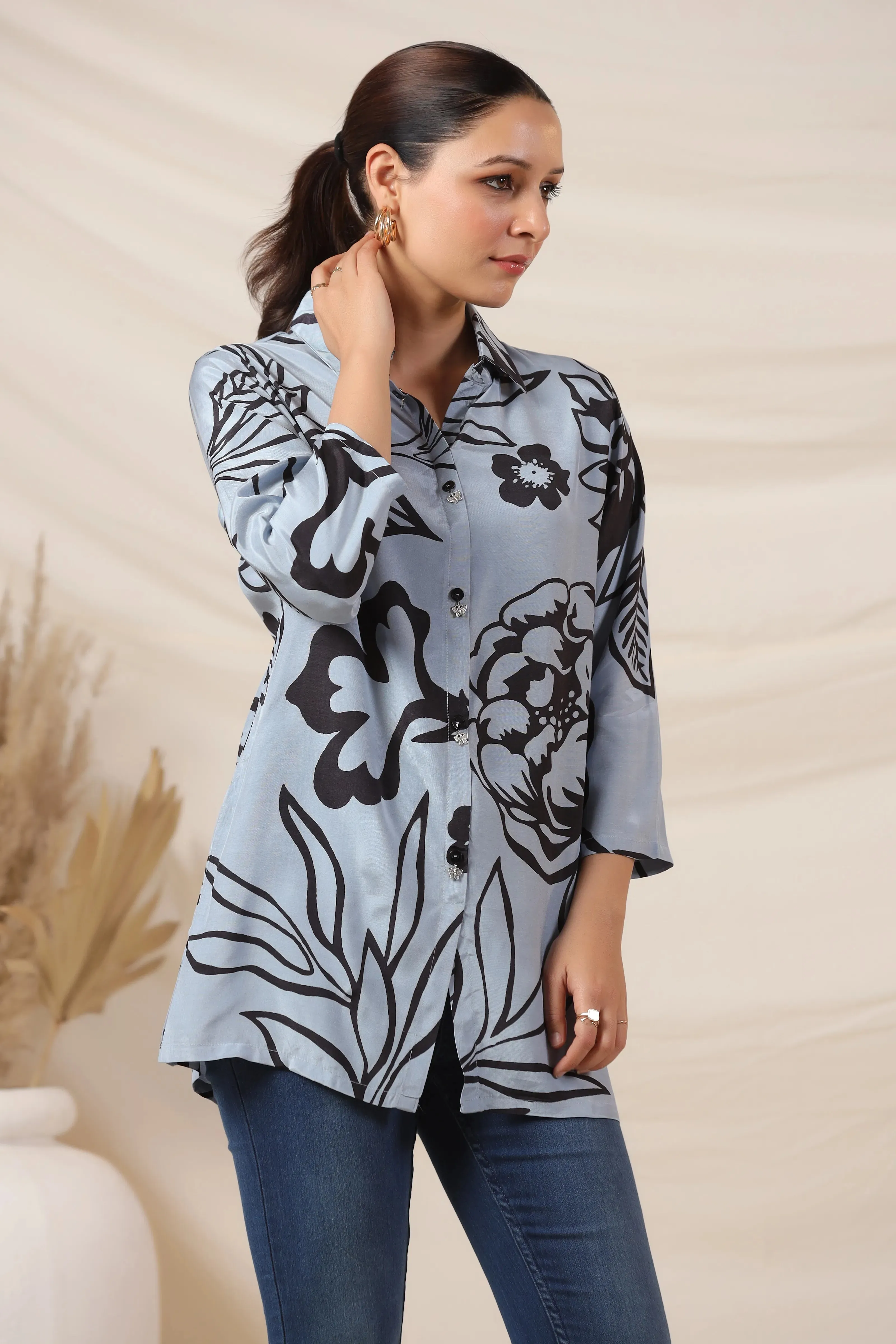 Iceberg Blue Bold Floral Shirt Top in Russian Silk