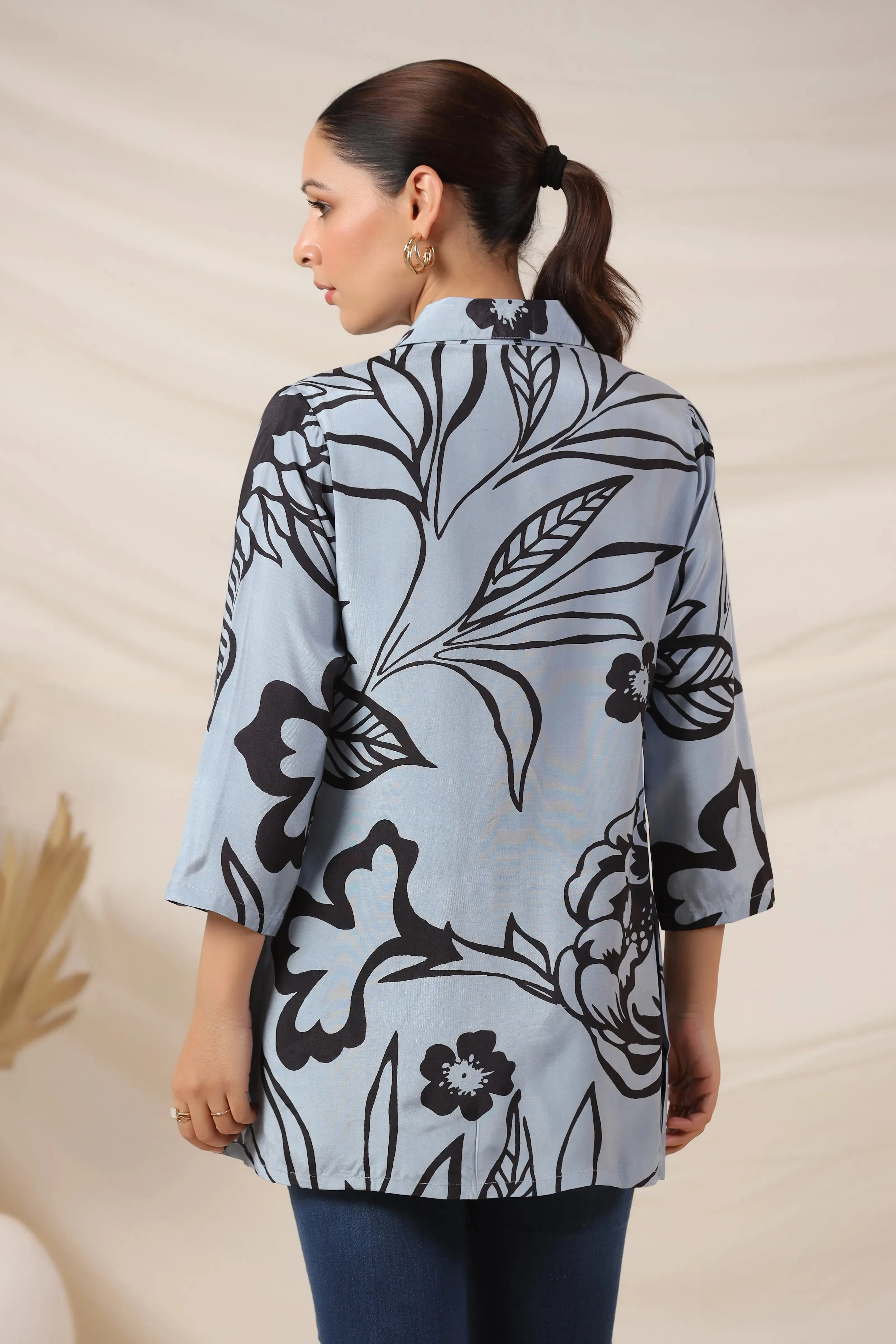 Iceberg Blue Bold Floral Shirt Top in Russian Silk