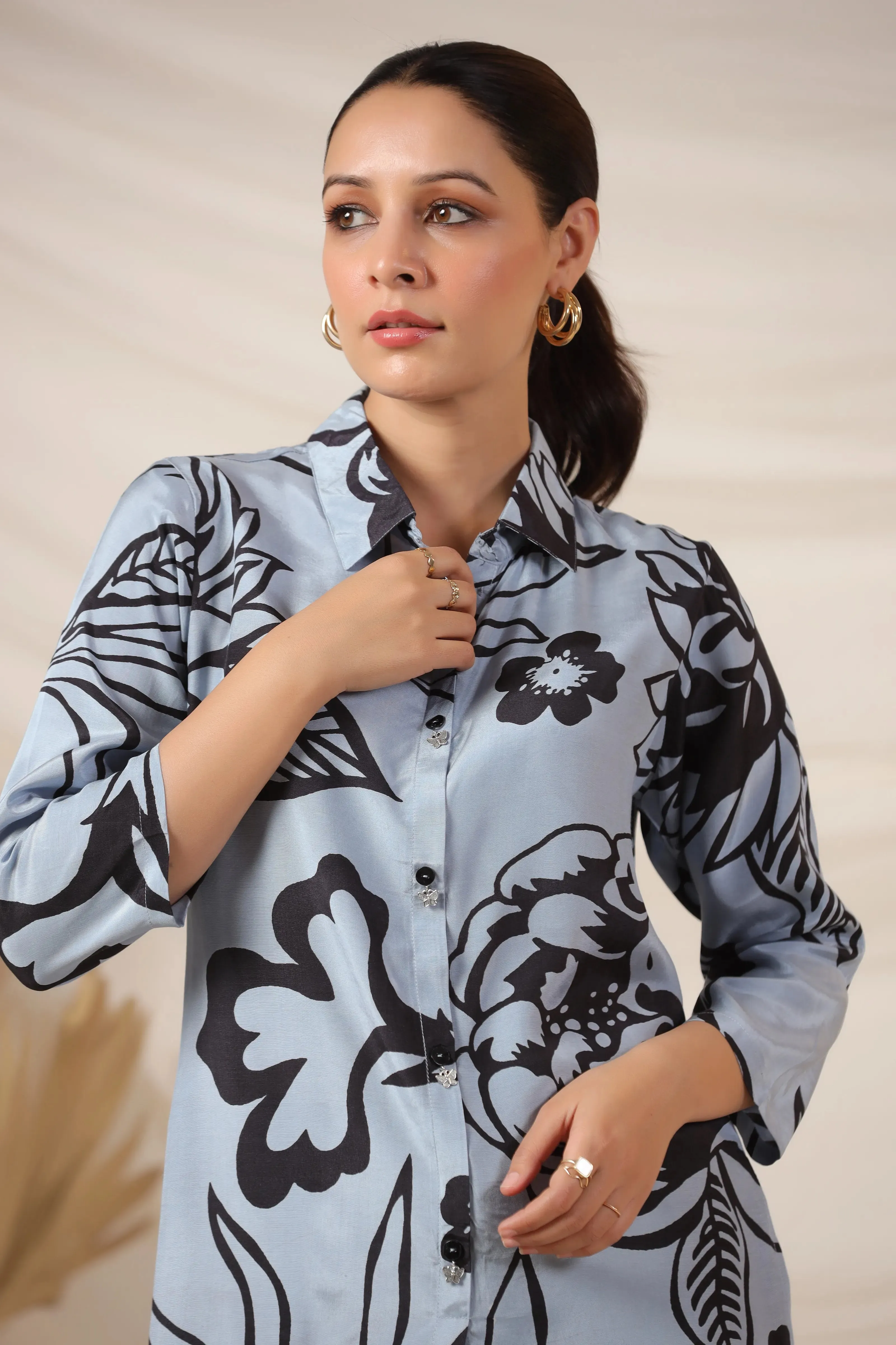 Iceberg Blue Bold Floral Shirt Top in Russian Silk