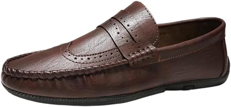 Men's Round Toe PU Leather Brogue Loafers - Classic Loafers with Anti-Slip Lightweight Flexible Design for Comfortable Walking Slip-Ons