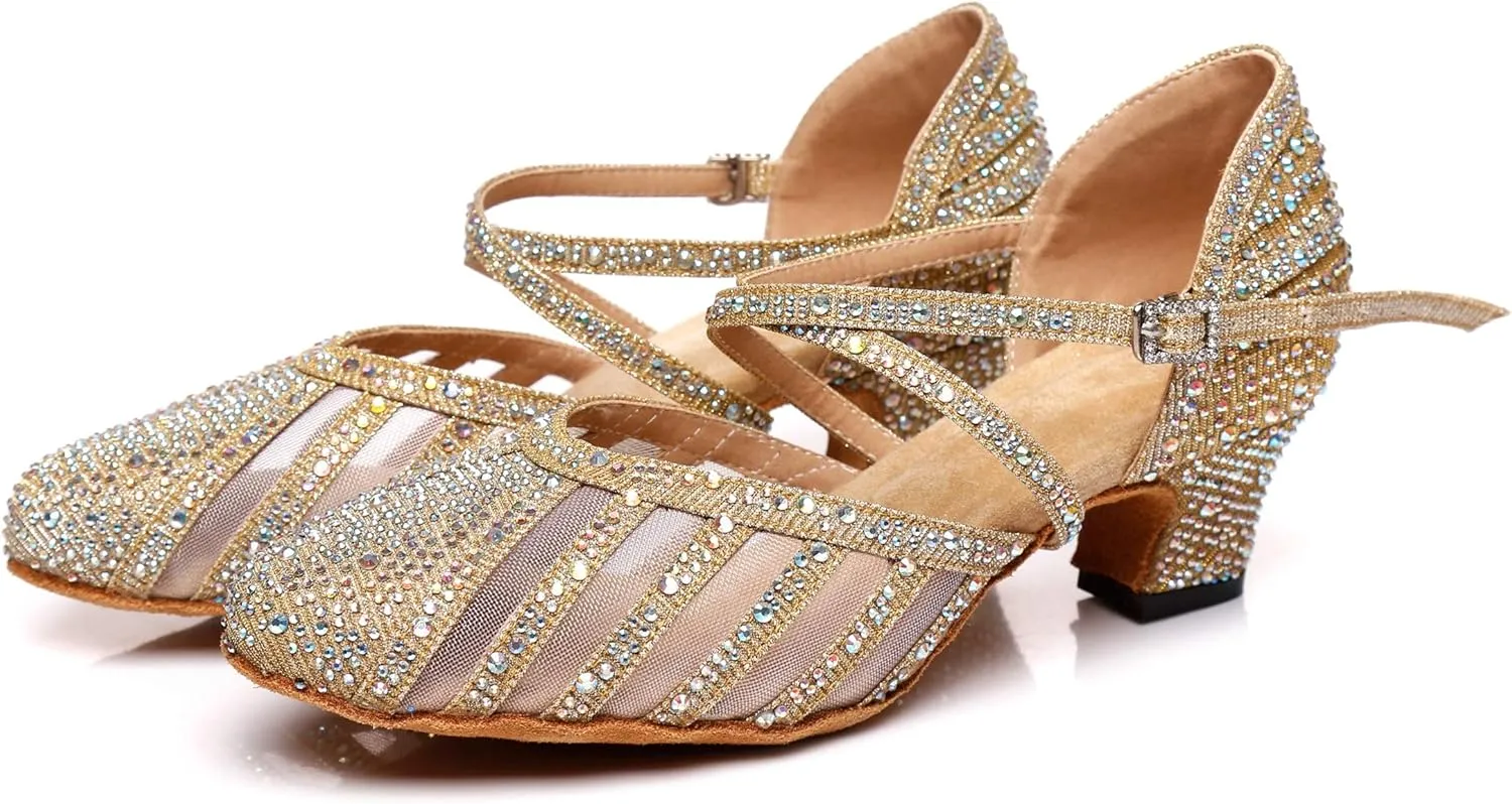 Minishion Women's Latin Salsa Round Toe Crystals Glitter Social Dance Shoes Weddinb Prom Pumps
