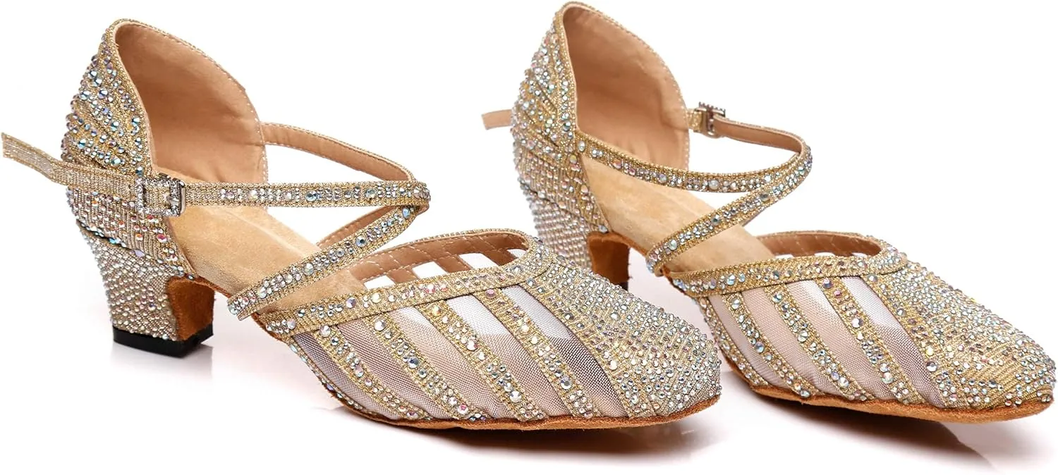 Minishion Women's Latin Salsa Round Toe Crystals Glitter Social Dance Shoes Weddinb Prom Pumps