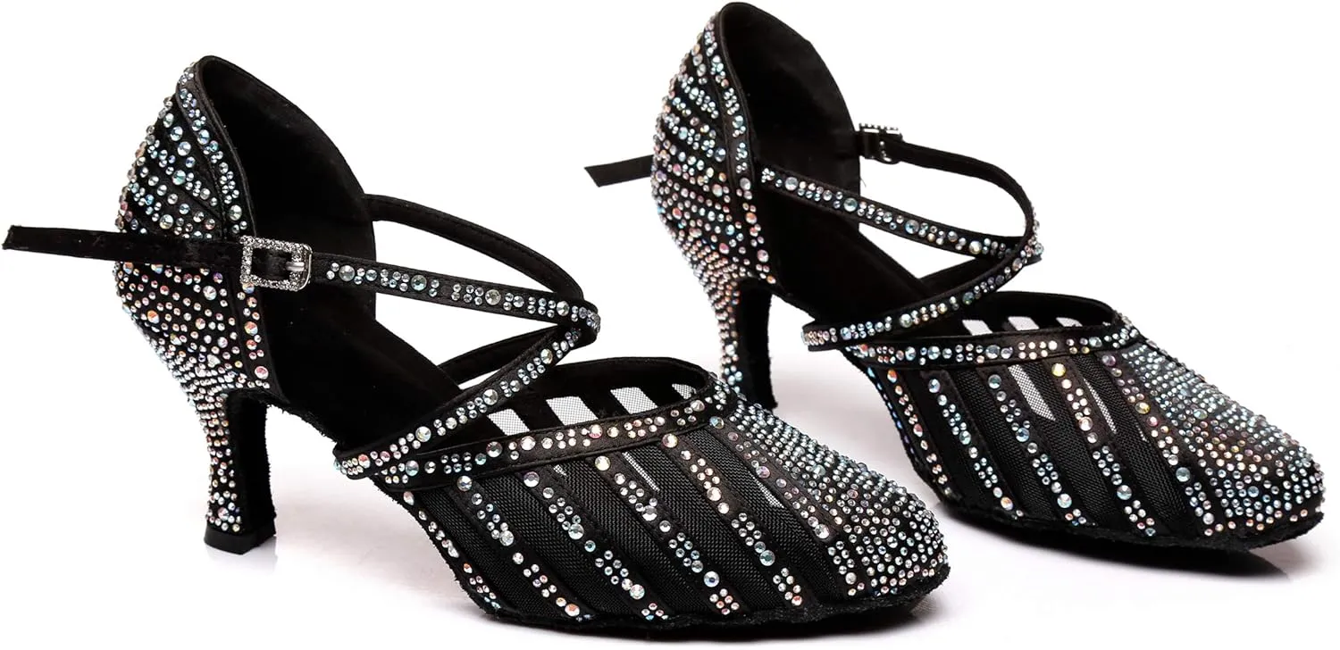 Minishion Women's Latin Salsa Round Toe Crystals Glitter Social Dance Shoes Weddinb Prom Pumps