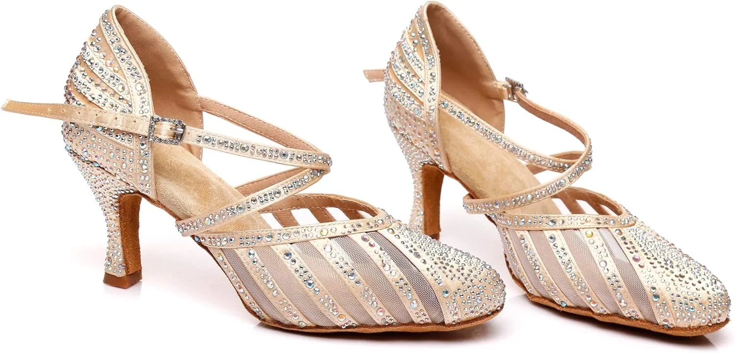 Minishion Women's Latin Salsa Round Toe Crystals Glitter Social Dance Shoes Weddinb Prom Pumps