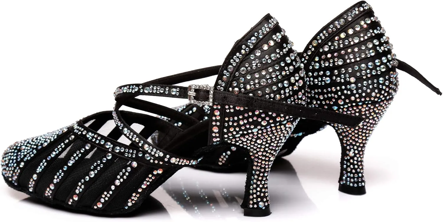 Minishion Women's Latin Salsa Round Toe Crystals Glitter Social Dance Shoes Weddinb Prom Pumps