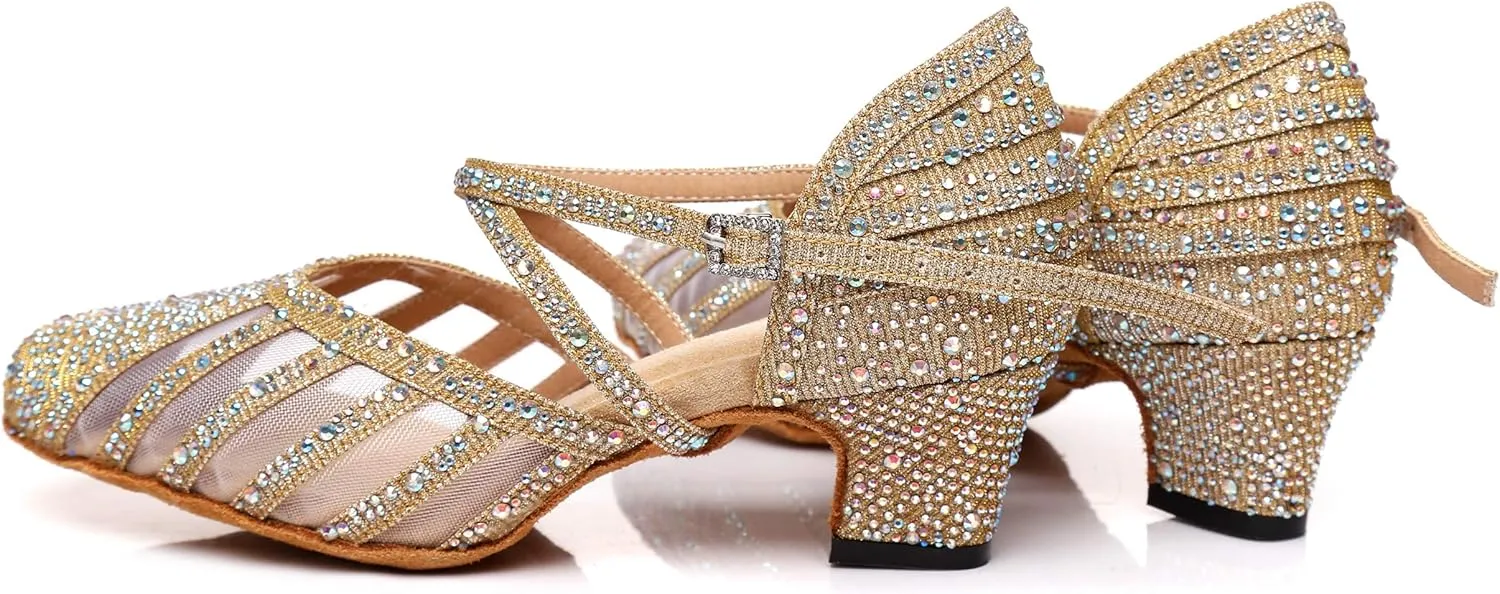 Minishion Women's Latin Salsa Round Toe Crystals Glitter Social Dance Shoes Weddinb Prom Pumps