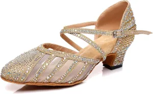 Minishion Women's Latin Salsa Round Toe Crystals Glitter Social Dance Shoes Weddinb Prom Pumps