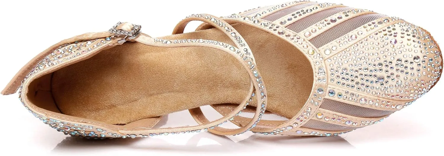 Minishion Women's Latin Salsa Round Toe Crystals Glitter Social Dance Shoes Weddinb Prom Pumps