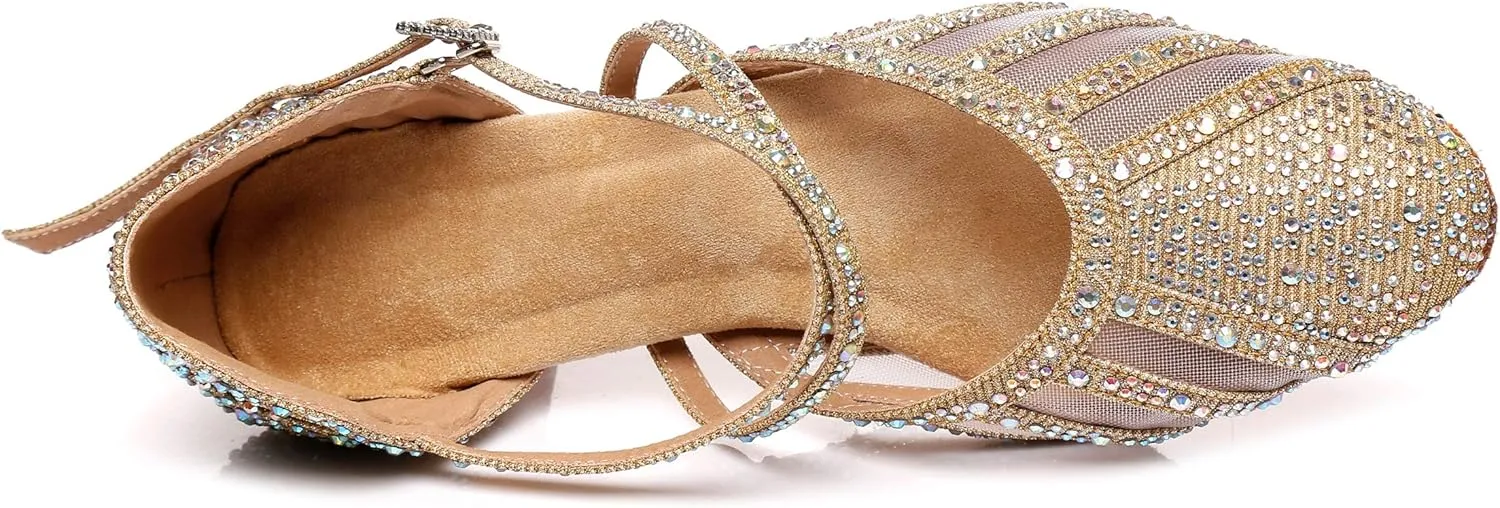 Minishion Women's Latin Salsa Round Toe Crystals Glitter Social Dance Shoes Weddinb Prom Pumps