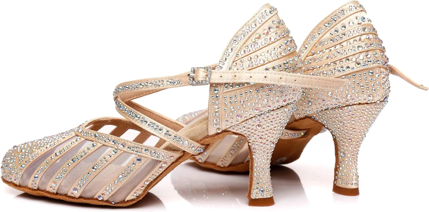 Minishion Women's Latin Salsa Round Toe Crystals Glitter Social Dance Shoes Weddinb Prom Pumps