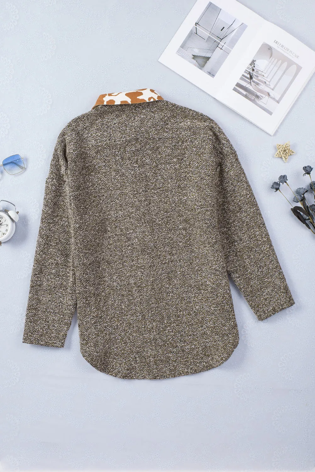 Printed Contrast Curved Hem Shirt Jacket