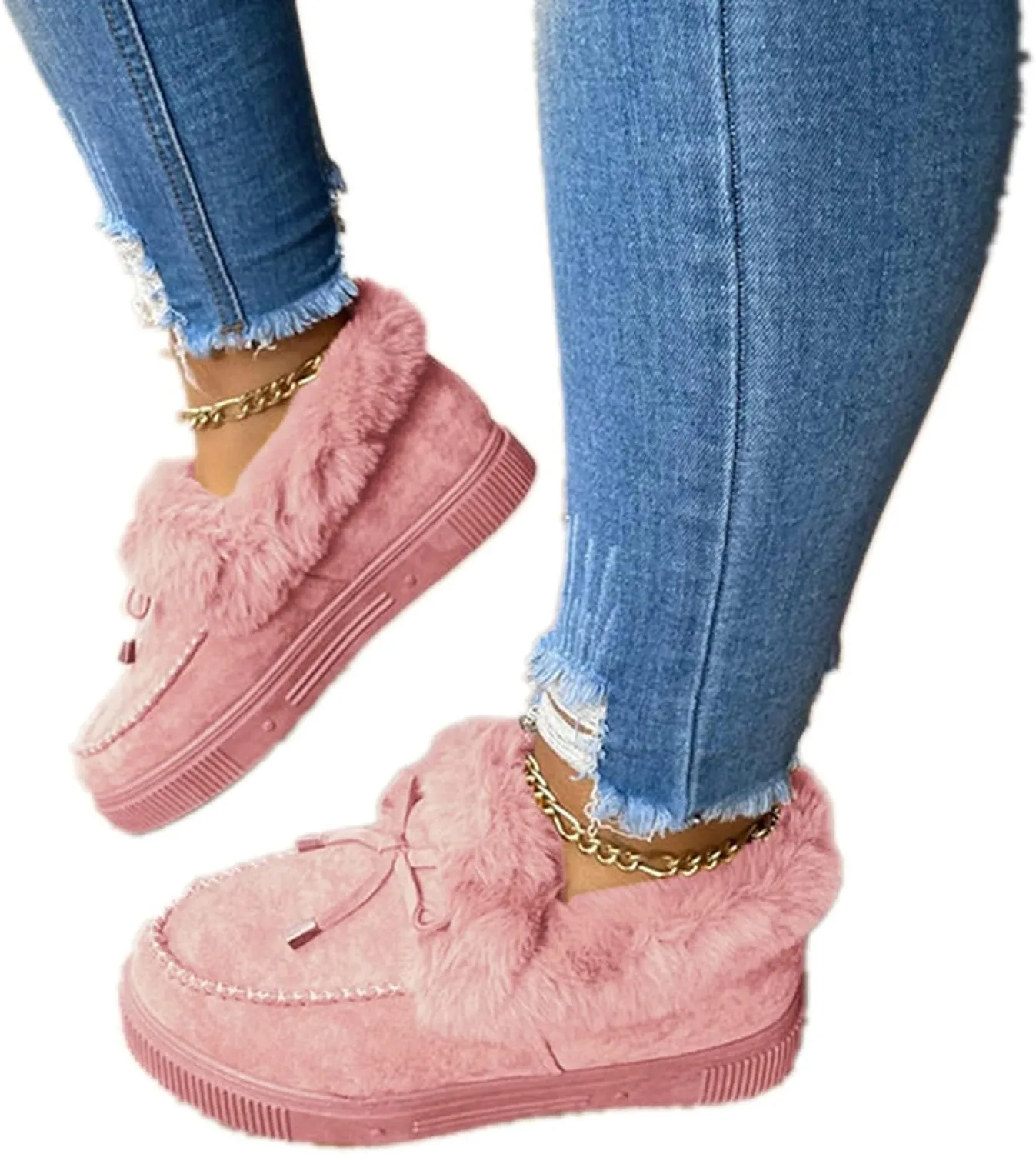 SACFOF Women's Winter Flat Boots Warm Durable Shoes Fur Lining Ankle Snow Boots Loafer Flats Platform Thick Plush Shoes