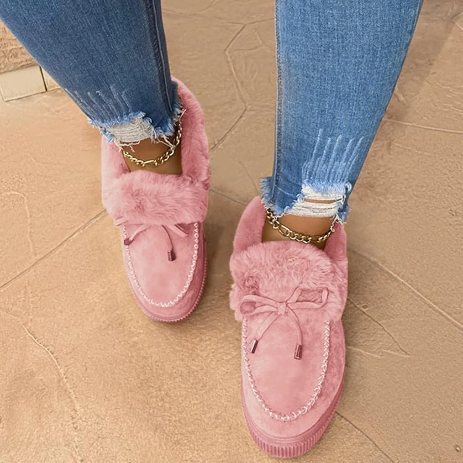 SACFOF Women's Winter Flat Boots Warm Durable Shoes Fur Lining Ankle Snow Boots Loafer Flats Platform Thick Plush Shoes