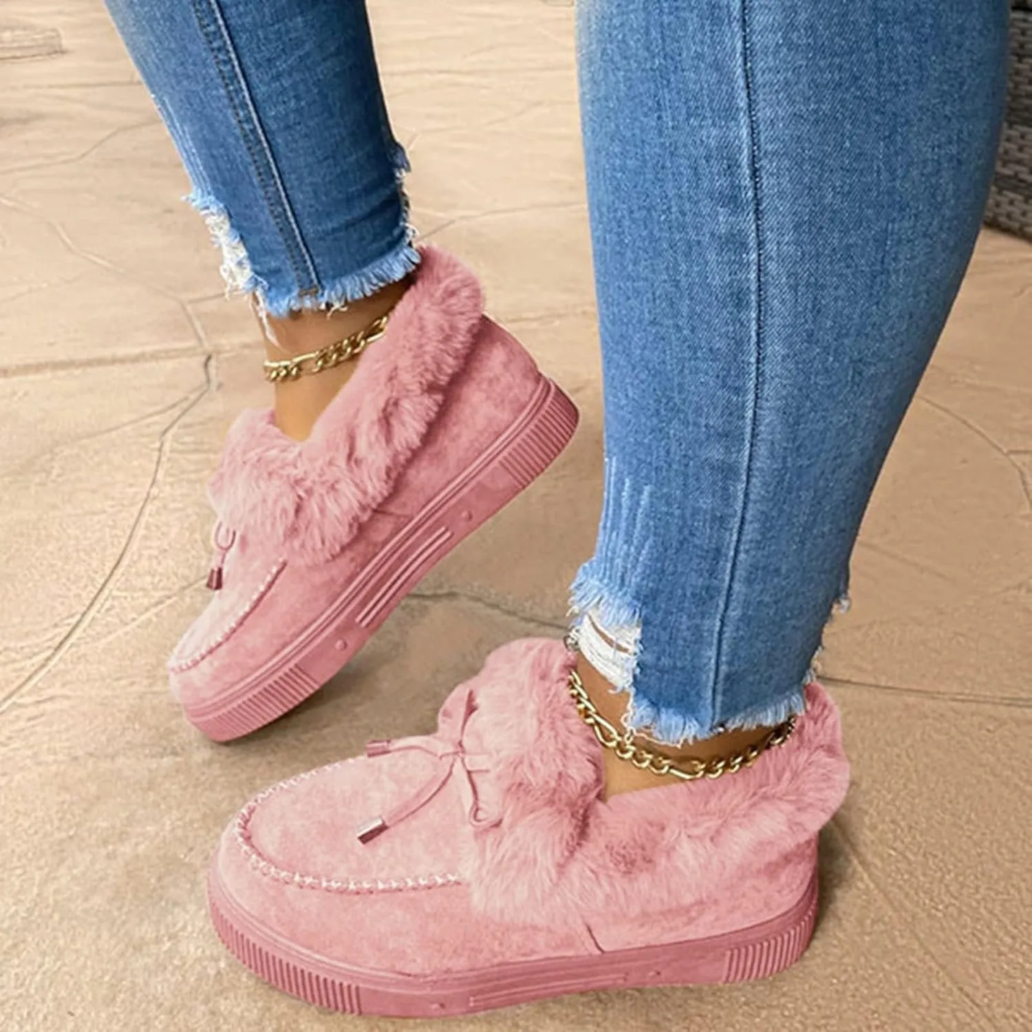 SACFOF Women's Winter Flat Boots Warm Durable Shoes Fur Lining Ankle Snow Boots Loafer Flats Platform Thick Plush Shoes