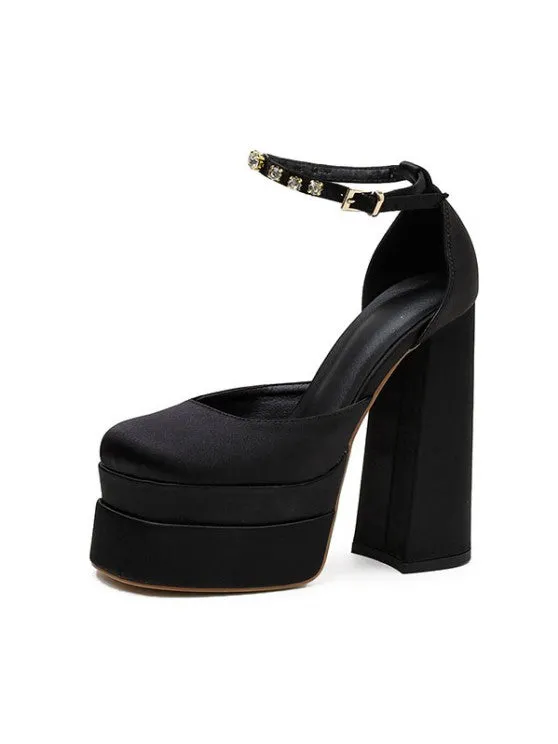 Satin Platform Chunky Heels Ankle Strap Pumps