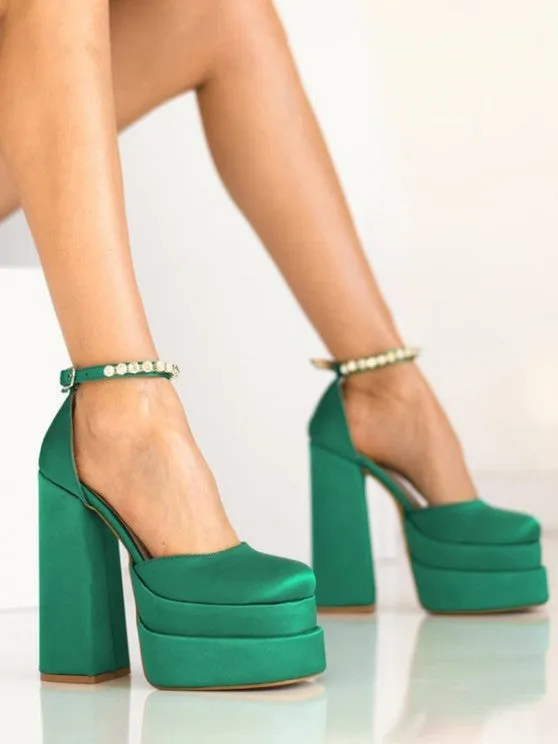 Satin Platform Chunky Heels Ankle Strap Pumps
