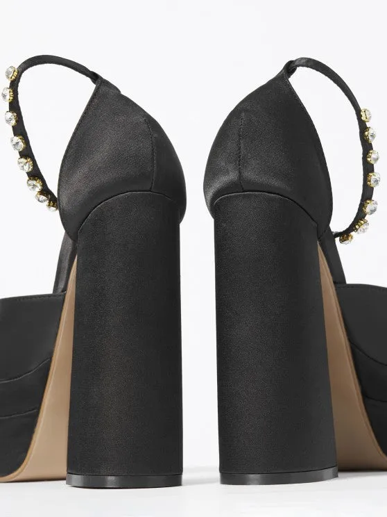 Satin Platform Chunky Heels Ankle Strap Pumps