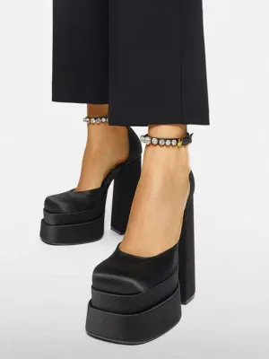 Satin Platform Chunky Heels Ankle Strap Pumps