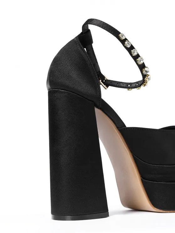 Satin Platform Chunky Heels Ankle Strap Pumps