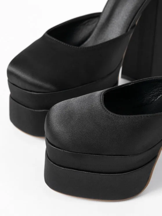 Satin Platform Chunky Heels Ankle Strap Pumps
