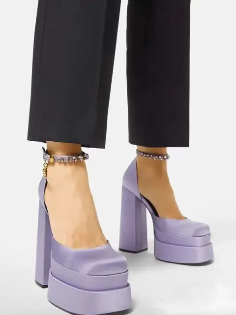 Satin Platform Chunky Heels Ankle Strap Pumps
