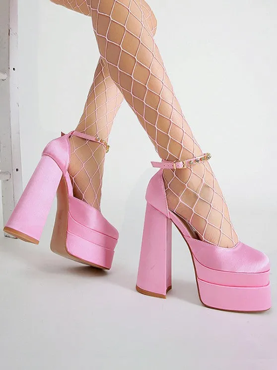 Satin Platform Chunky Heels Ankle Strap Pumps