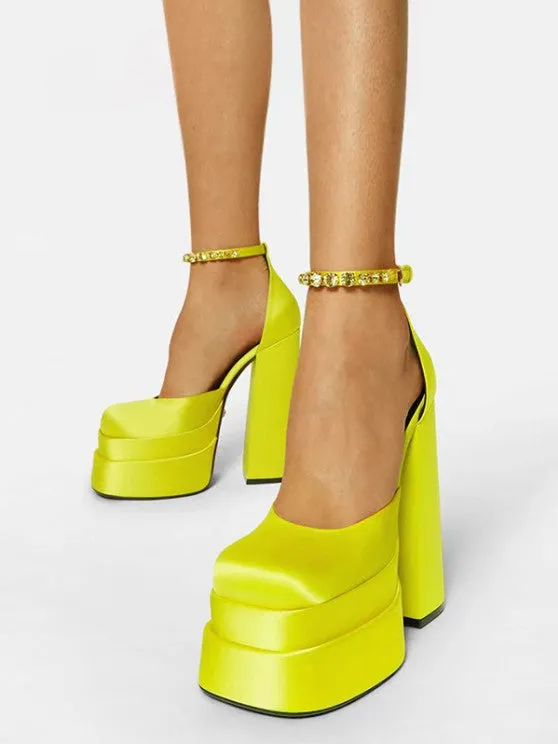 Satin Platform Chunky Heels Ankle Strap Pumps