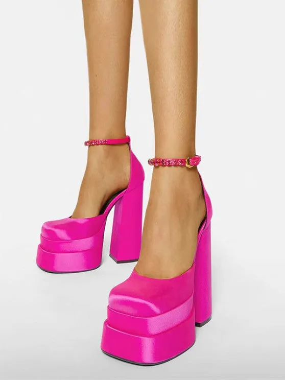 Satin Platform Chunky Heels Ankle Strap Pumps