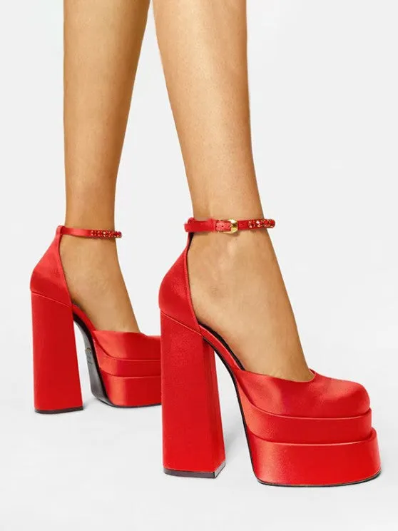 Satin Platform Chunky Heels Ankle Strap Pumps