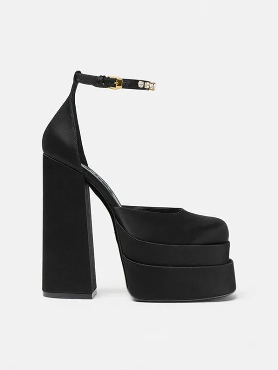 Satin Platform Chunky Heels Ankle Strap Pumps