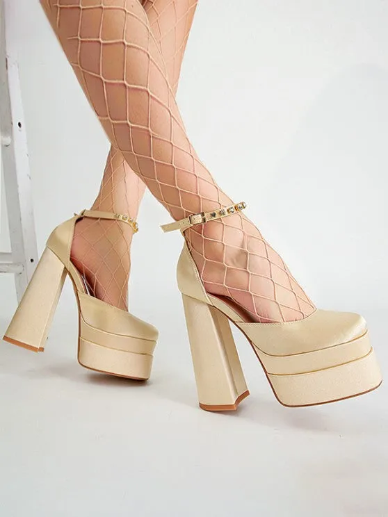 Satin Platform Chunky Heels Ankle Strap Pumps