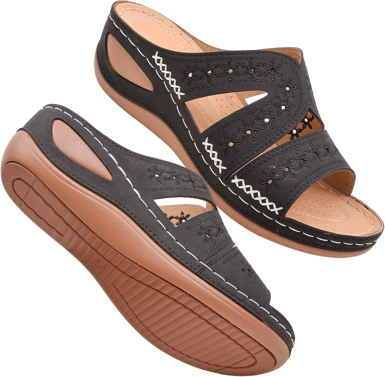 Slide Sandals Women Orthopedic Casual Wedge Slipper Sandals Fashion Cutout Flower Design Walking Shoes Lightweight Non-Slip Summer Beach Slippers