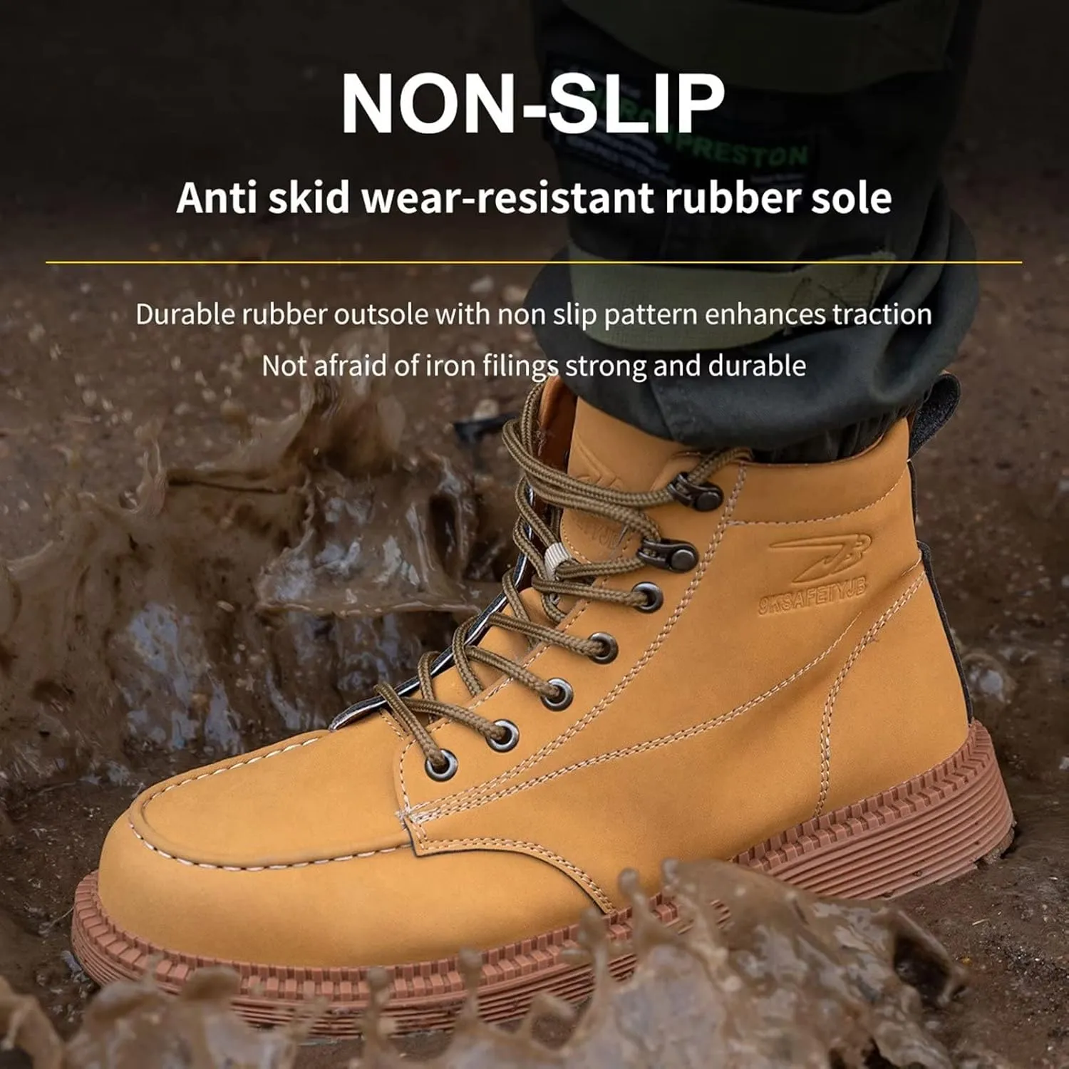Tanleewa Leather Steel Toe Shoes for Men Waterproof Work Boots Lightweight Anti-Slip Construction Shoes Fashion Hiking Boots
