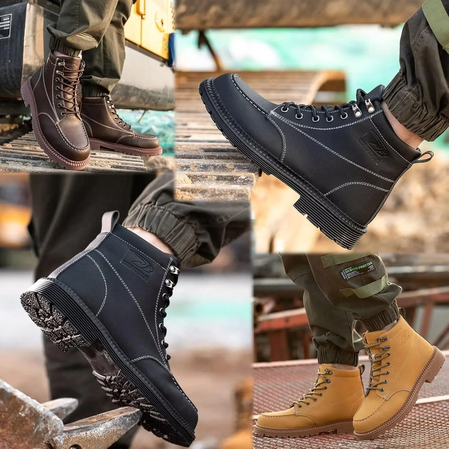 Tanleewa Leather Steel Toe Shoes for Men Waterproof Work Boots Lightweight Anti-Slip Construction Shoes Fashion Hiking Boots